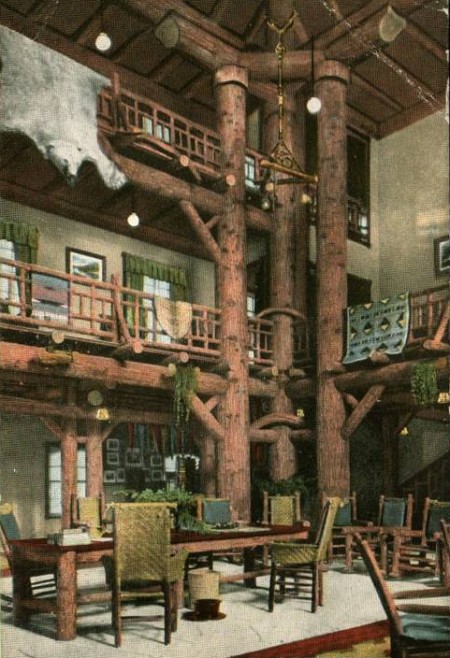 early view of the lobby at lake mcdonald lodge